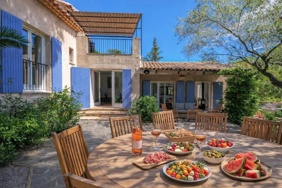 View over the villa and outdoor spaces